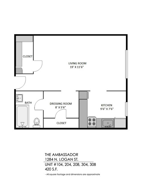 Floor plan for studio, 1 bath, 420 sqft